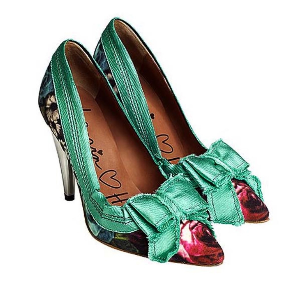 LANVIN x H&M GREEN FLORAL PUMP SATIN BOW